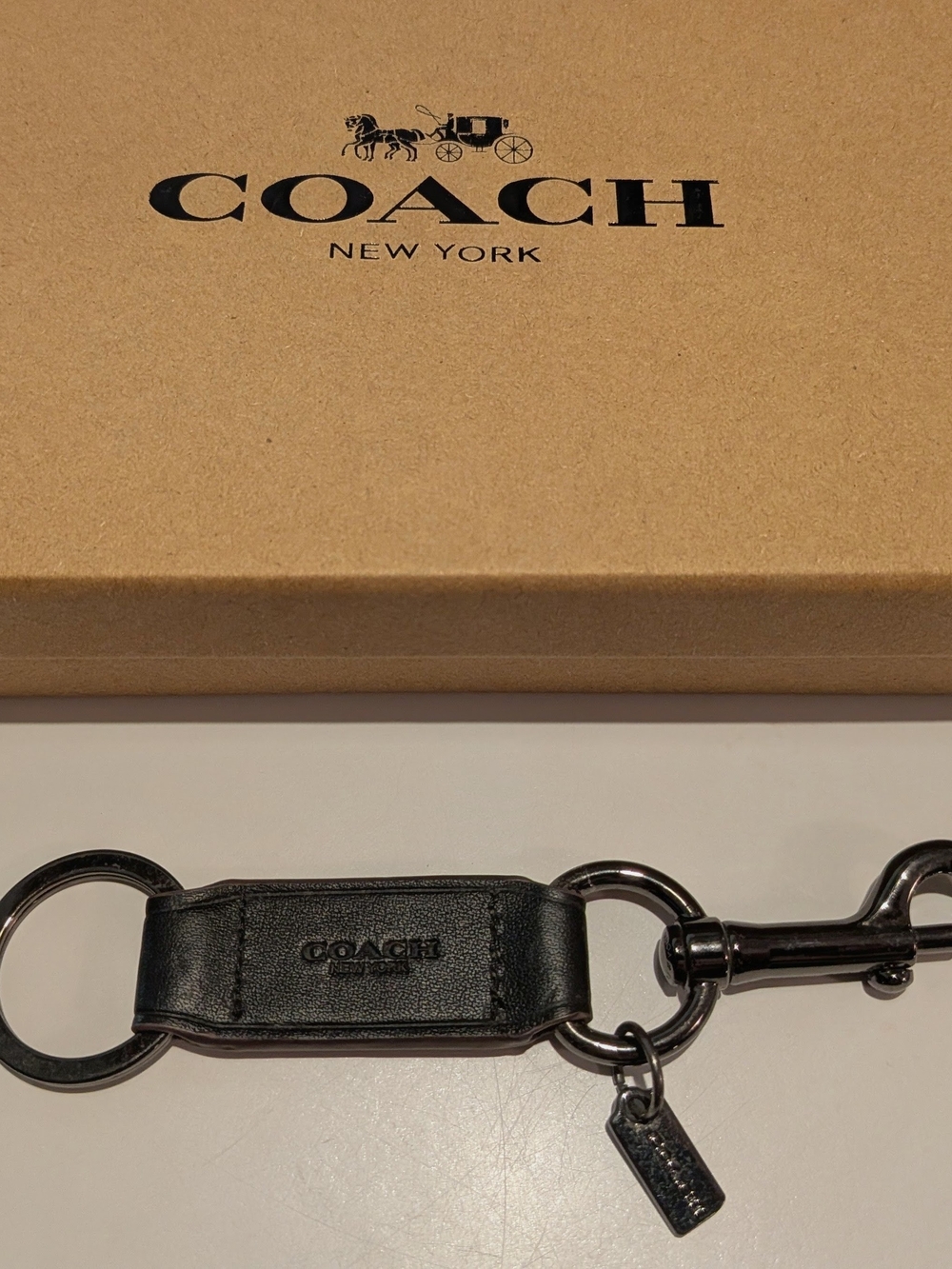 Coach Black Leather Key Ring with Dark Hardware